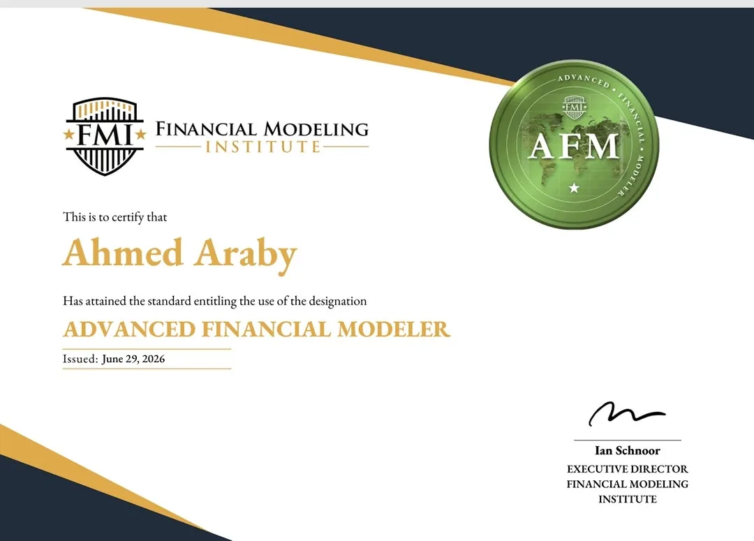 شهادة AFM من FMI باسم Ahmed Araby